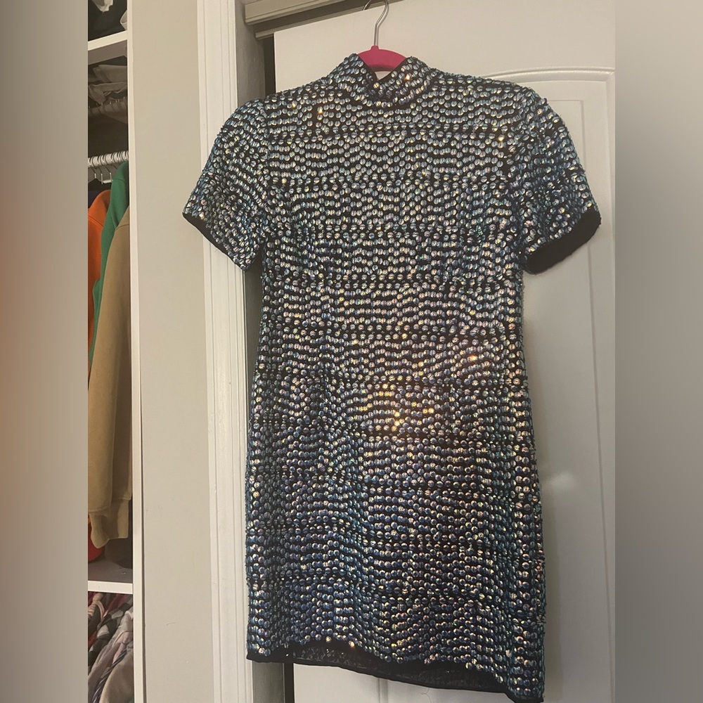 ASOS DESIGN iridescent sequin mini dress with short sleeve and mock neck